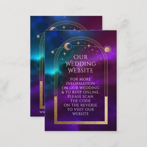 Cosmic Purple Teal Wedding Website RSVP QR Code Enclosure Card