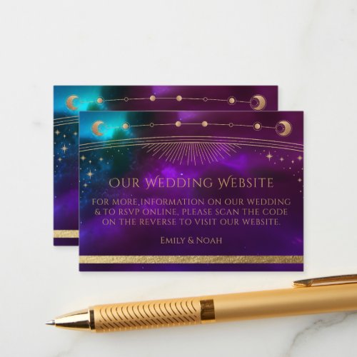 Cosmic Purple Teal Wedding Website RSVP QR Code Enclosure Card