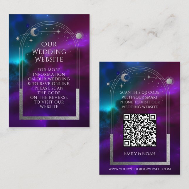 Cosmic Purple Teal Wedding Website RSVP QR Code  Enclosure Card (Front/Back)