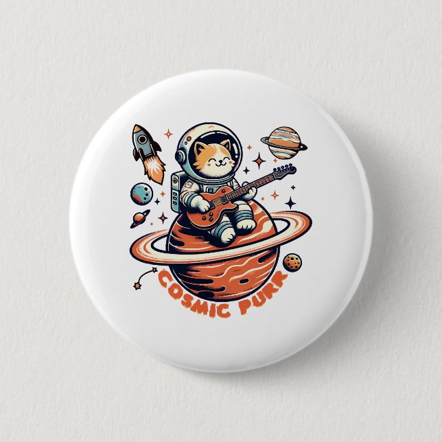 Cosmic Purr - Astro Guitarist Cat Button (Front)