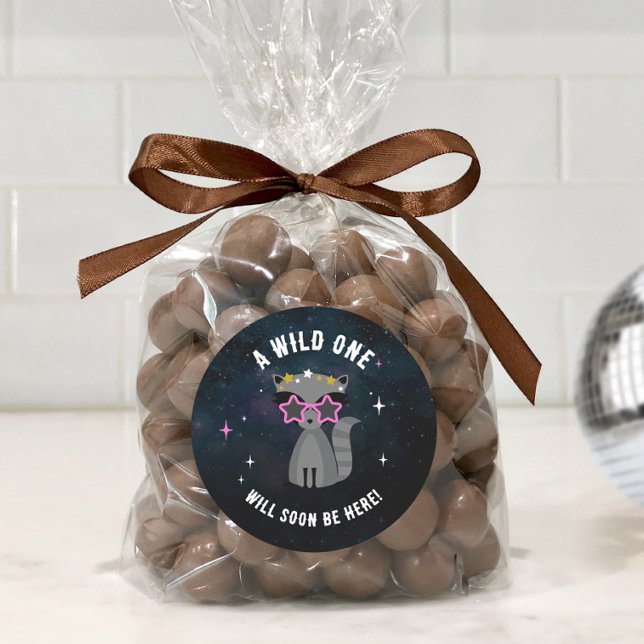 Cosmic Raccoon Wild One Pink Girl Baby Shower Classic Round Sticker (Creator Uploaded)