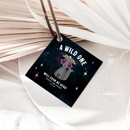 Cosmic Raccoon Wild One Pink Girl Baby Shower Favor Tags