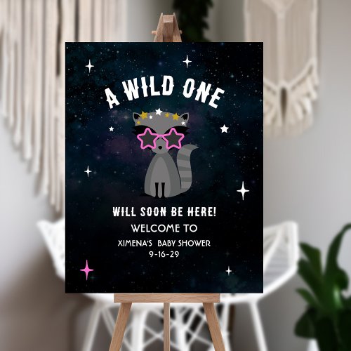 Cosmic Raccoon Wild One Pink Girl Baby Shower Foam Board