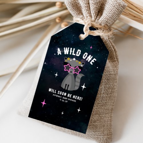 Cosmic Raccoon Wild One Pink Girl Baby Shower Gift Tags