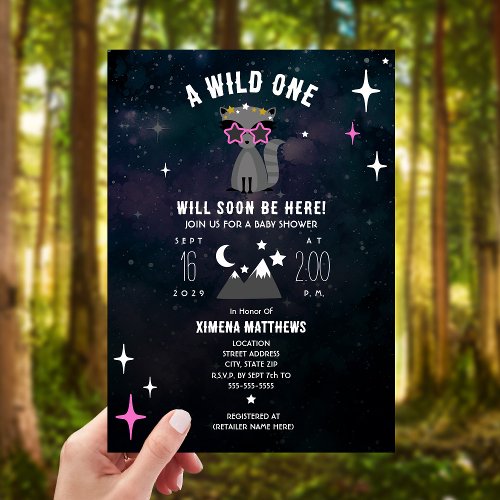 Cosmic Raccoon Wild One Pink Girl Baby Shower Invitation