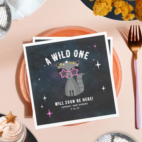 Cosmic Raccoon Wild One Pink Girl Baby Shower Napkins