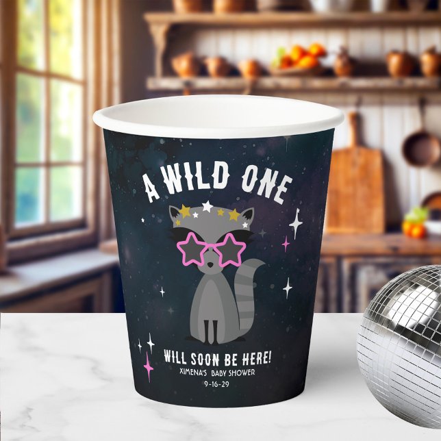 Cosmic Raccoon Wild One Pink Girl Baby Shower Paper Cups (Creator Uploaded)