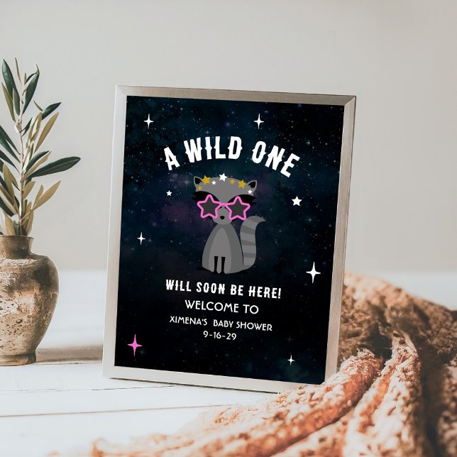 Cosmic Raccoon Wild One Pink Girl Baby Shower Poster (Creator Uploaded)