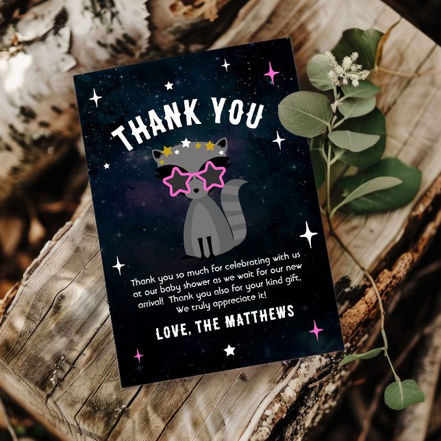 Cosmic Raccoon Wild One Pink Girl Baby Shower  Thank You Card (Creator Uploaded)