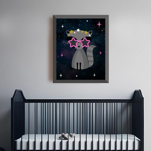 Cosmic Raccoon Wild One Pink Girl Nursery Poster