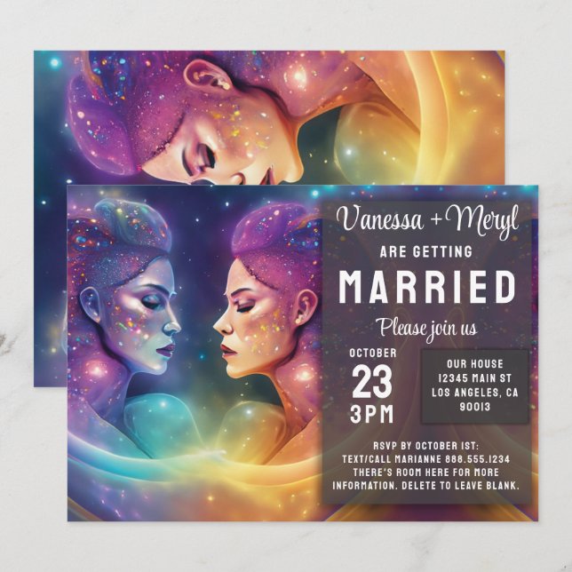 Cosmic Rainbow Feminine Energy Lesbian Wedding Invitation (Front/Back)