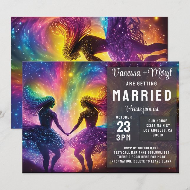 Cosmic Rainbow Feminine Energy Lesbian Wedding Invitation (Front/Back)