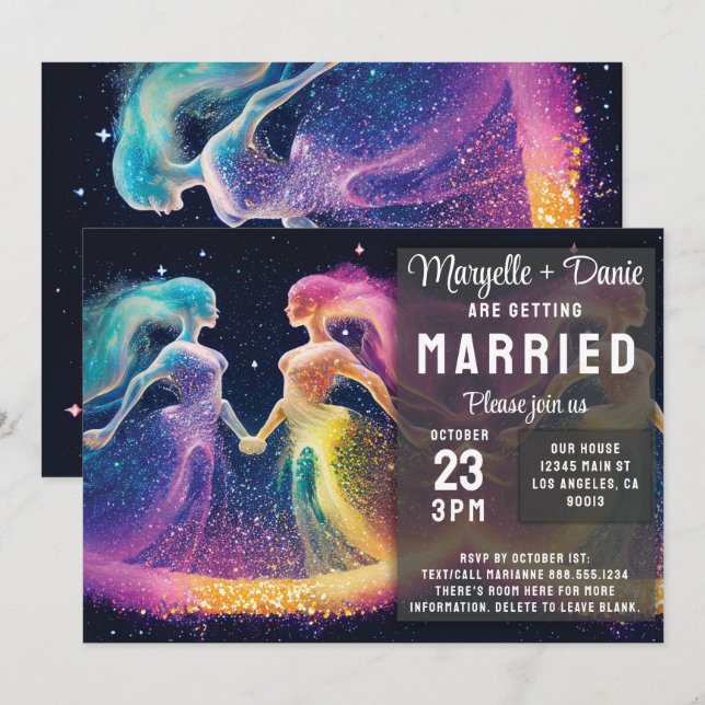 Cosmic Rainbow Lovers LGBTQIA Lesbian Wedding Invitation (Front/Back)