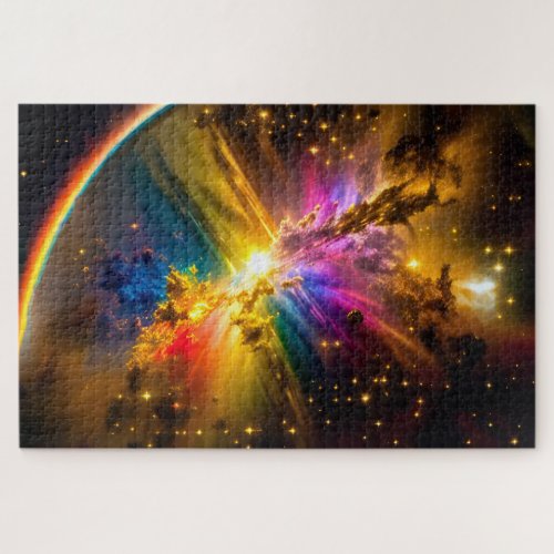 Cosmic Rainbow Over Colorful Nebulae in Universe Jigsaw Puzzle
