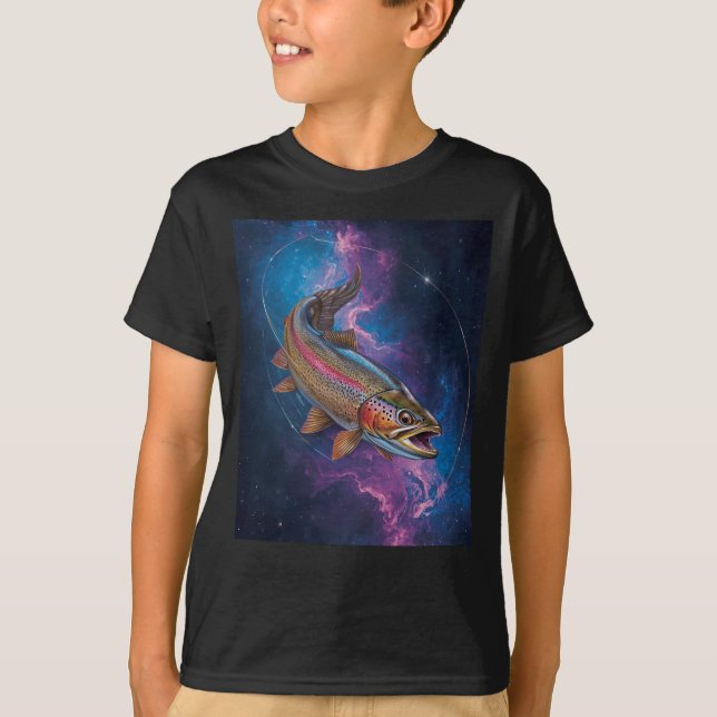 Cosmic Rainbow Trout Swimming in Galaxy Nebula T-Shirt (Front)