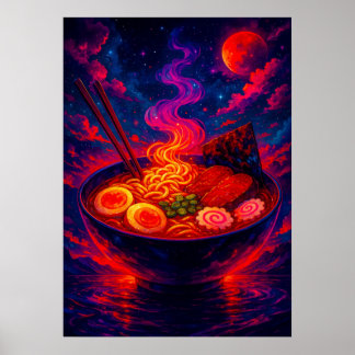 Cosmic Ramen Bowl under Red Moon Fantasy Poster