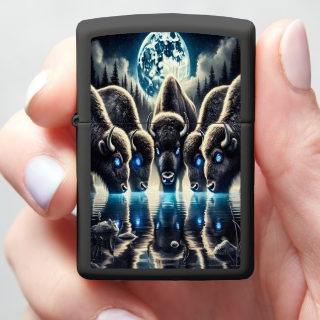 Cosmic Reflections: Buffalo at Night Zippo Lighter (In Hand)
