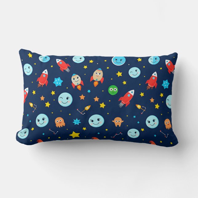 🚀 Cosmic Rocket Dreams Blue Space Adventure✨🌌 Lumbar Pillow (Front)