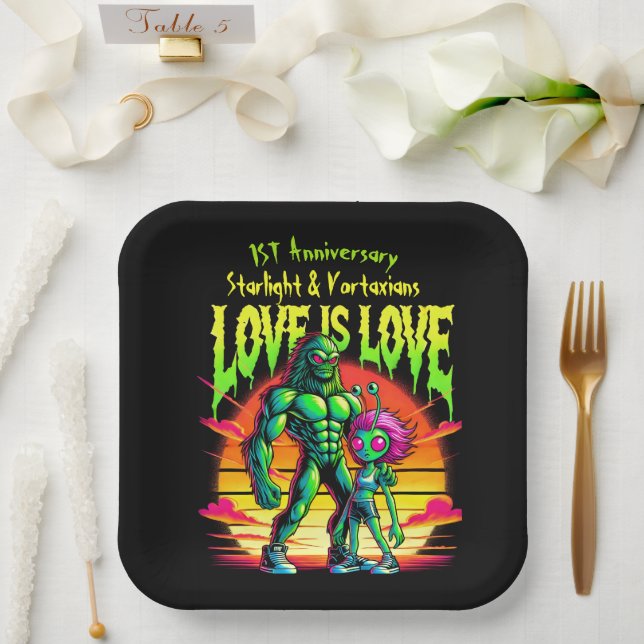 Cosmic Romance Between Alien Figures Paper Plates (Wedding)