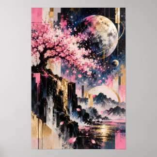 Cosmic Sakura Gilded Vortex Pink Gold Galaxy Art Poster