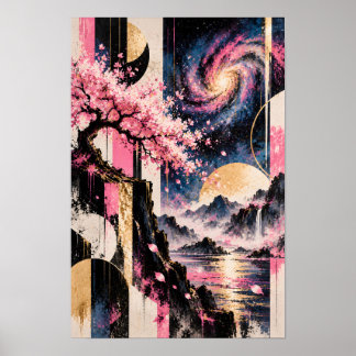 Cosmic Sakura Lunar Geometry Pink Gold Moon Art Poster