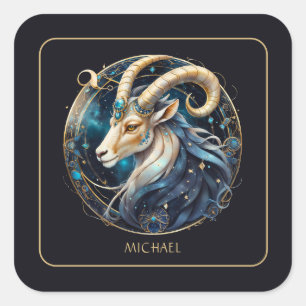 Cosmic Sea Goat Zodiac Sign Black Gold Capricorn Square Sticker