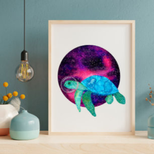 Cosmic Sea Turtle Watercolor Art Poster