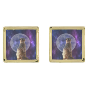 Cosmic Sentinel: Meerkat Under the Full Moon Cufflinks