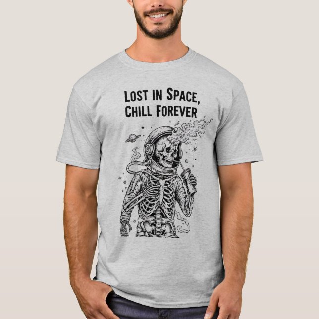 Cosmic Skeleton Astronaut Drinking Soda | Dark Spa T-Shirt (Front)