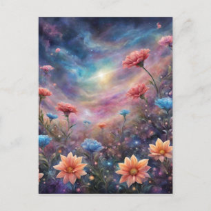 Cosmic sky with fantasy flowers holiday postcard
