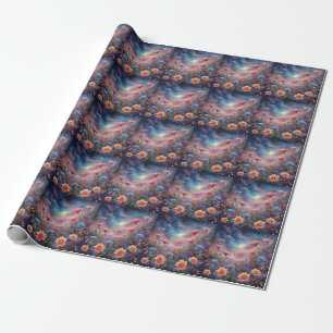 Cosmic sky with fantasy flowers wrapping paper