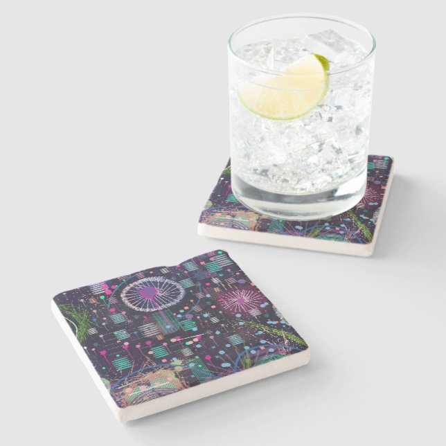 Cosmic Snow Storm: Abstract Maximalism Art Stone Coaster (Side)