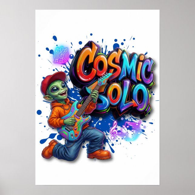 Cosmic Solo Alien Guitar Player Space Music Art Poster (Front)
