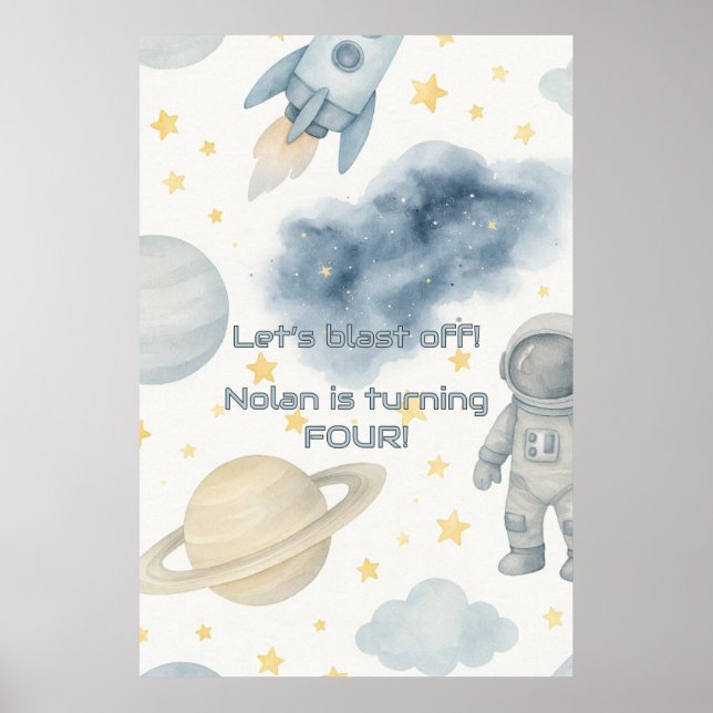 Cosmic Space Birthday Party | Rocket & Stars -  Poster (Front)