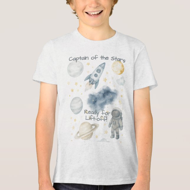 Cosmic Space Birthday Party | Rocket & Stars -  Tri-Blend Shirt (Front)