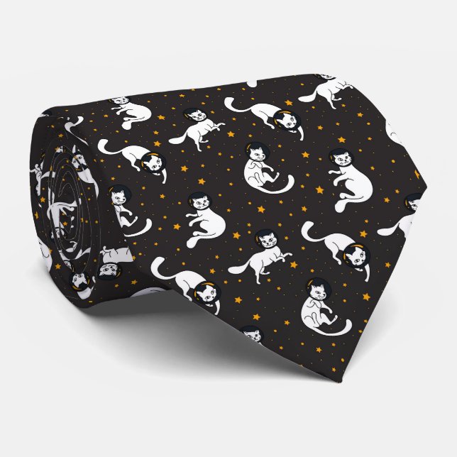 Cosmic space cats and stars pattern neck tie (Rolled)