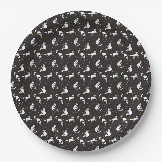 Cosmic space cats and stars pattern paper plates (Front)