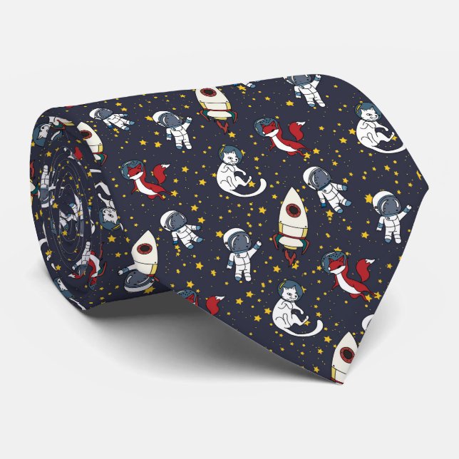 Cosmic space man fox cat stars pattern neck tie (Rolled)