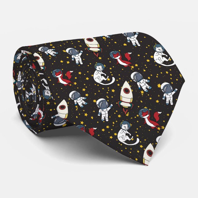 Cosmic space man fox cat stars pattern neck tie (Rolled)