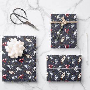 Cosmic space man fox cat stars pattern wrapping paper sheets