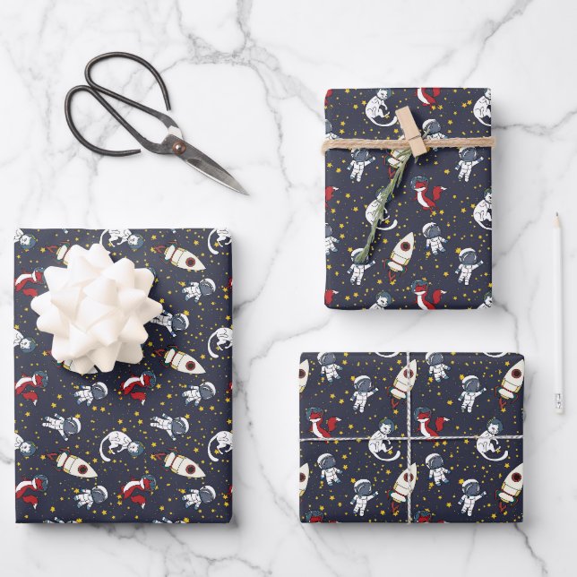 Cosmic space man fox cat stars pattern wrapping paper sheets (Front)