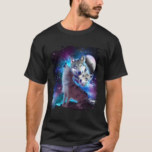 Cosmic Space Wolf Wolves Family Howling At Moon T_Shirt