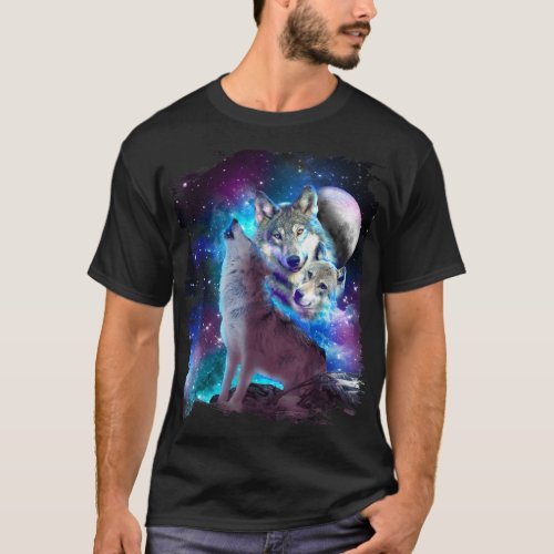 Cosmic Space Wolf Wolves Family Howling At Moon T_ T_Shirt