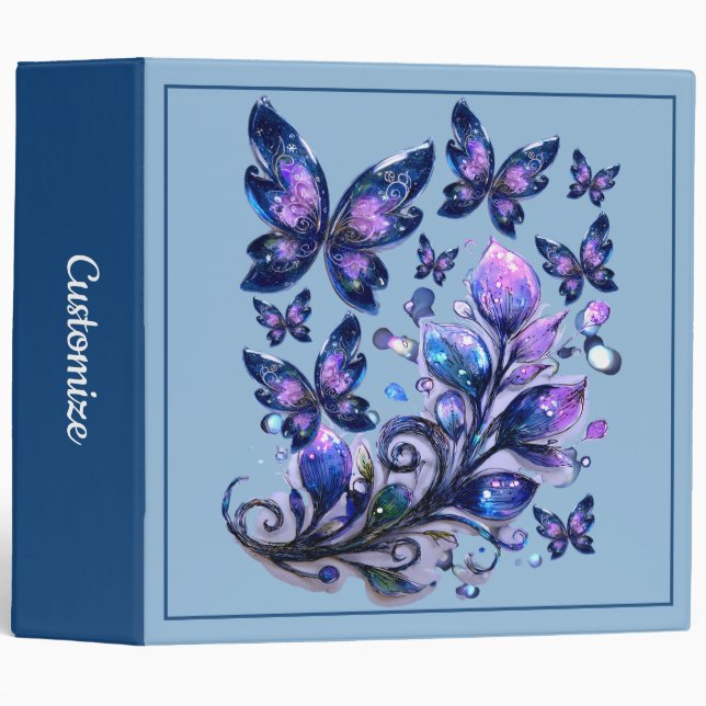 Cosmic Sparkle Butterflies Blue 3 Ring Binder (Front/Spine)