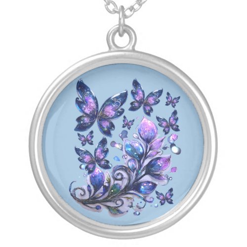 Cosmic Sparkle Butterflies Blue Silver Plated Necklace