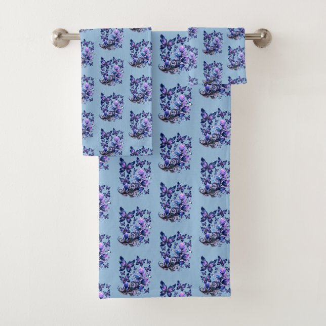 Cosmic Sparkle Butterflies Pattern Blue Bath Towel Set (Insitu)