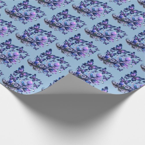 Cosmic Sparkle Butterflies Pattern Blue Wrapping Paper