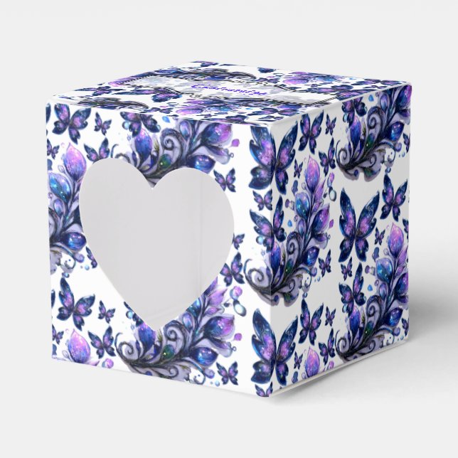 Cosmic Sparkle Butterflies Pattern Heart Favor Boxes (Front Side)