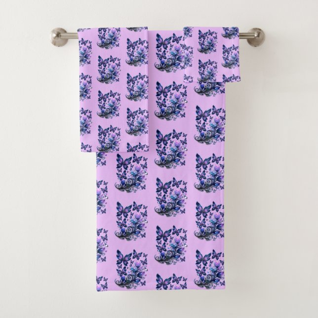 Cosmic Sparkle Butterflies Pattern Pink Bath Towel Set (Insitu)