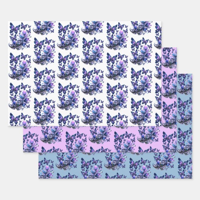 Cosmic Sparkle Butterflies Pattern Wrapping Paper Sheets (Set)